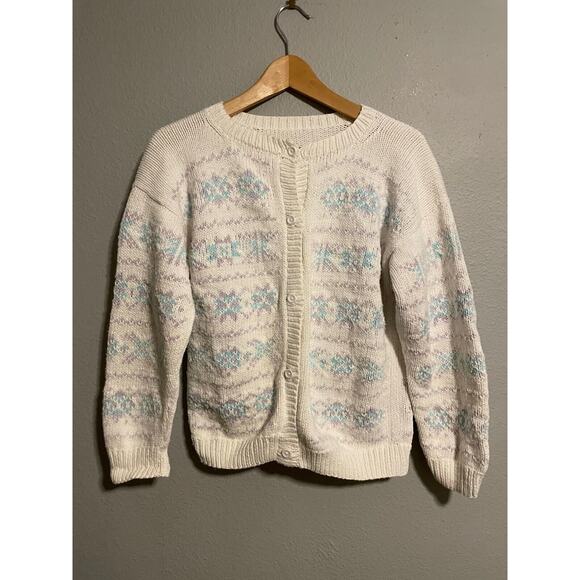 Handmade Sweaters - Vintage Handmade Womens Cardigan Large White Fair Isle Chunky Knit Granny 90s